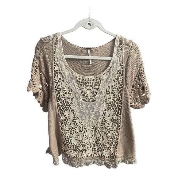Free People Anthropologie Broen Lace Short. Sleeve Sweater Size Small Western Pr - Picture 2 of 6